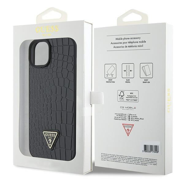 Кейс Guess Croco Triangle Metal Logo за iPhone 15 черен