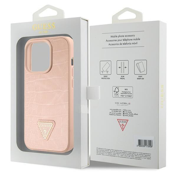 Кейс Guess Croco Triangle Metal Logo за iPhone 15 Pro розов