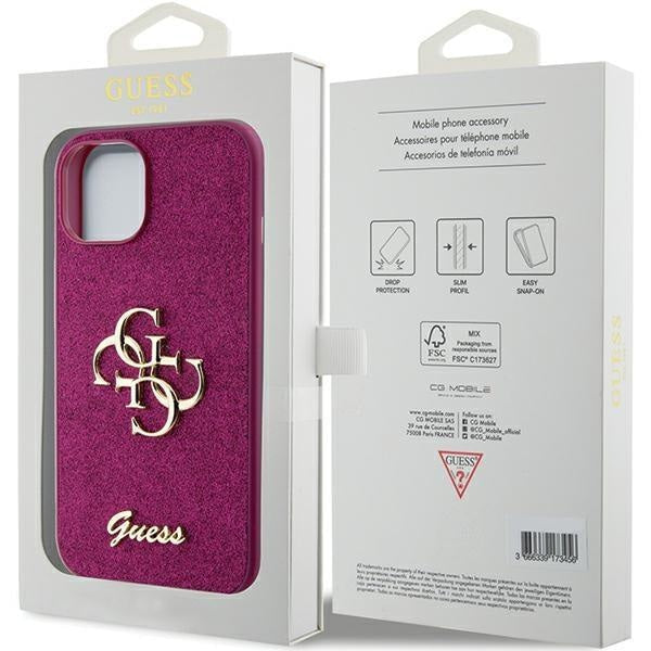 Кейс Guess Glitter Script Big 4G за iPhone 15 лилав