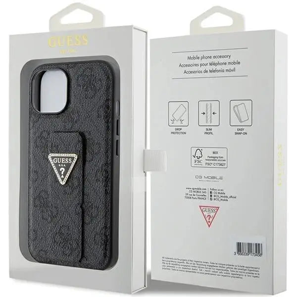 Кейс Guess Grip Stand 4G Triangle Strass за iPhone 15 черен