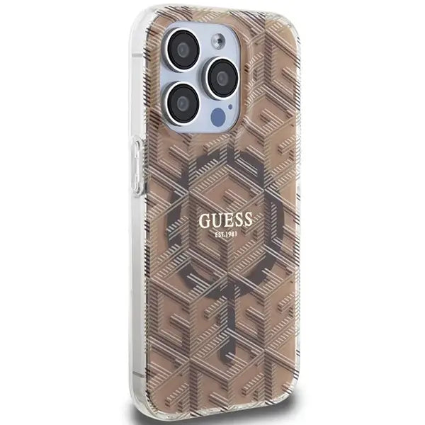 Кейс Guess IML GCube MagSafe за iPhone 15 Pro кафяв