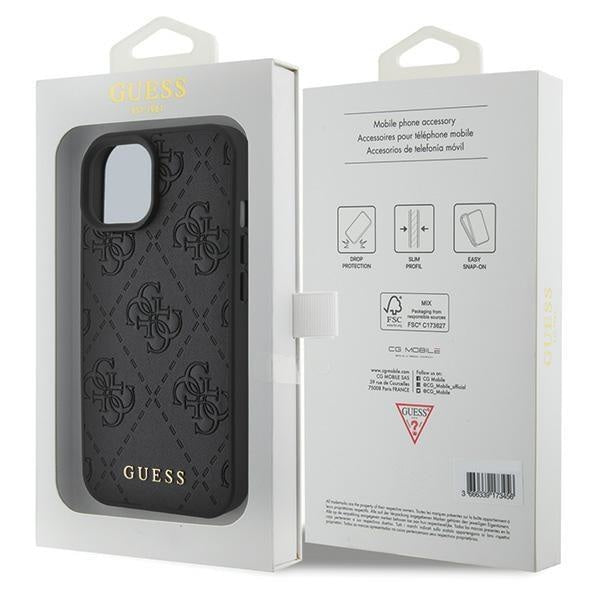 Кейс Guess Leather 4G Stamped за iPhone 15 черен