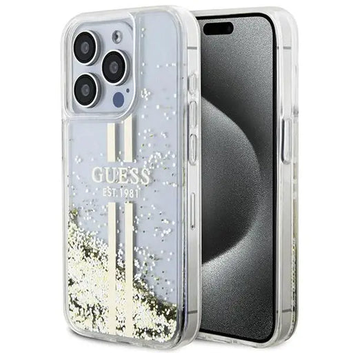 Кейс Guess Liquid Glitter Gold Stripes за iPhone 15