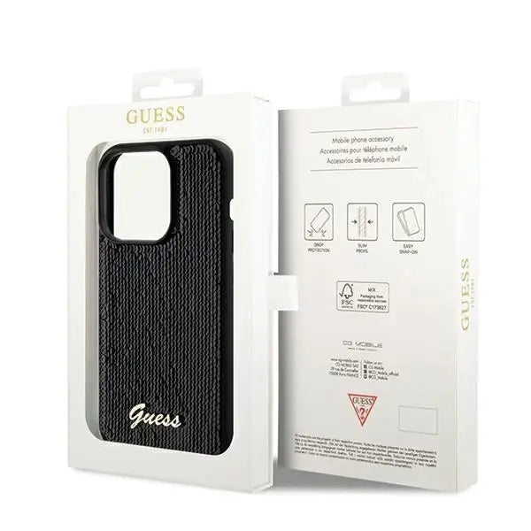 Кейс Guess Sequin Script Metal за iPhone 14 Pro черен