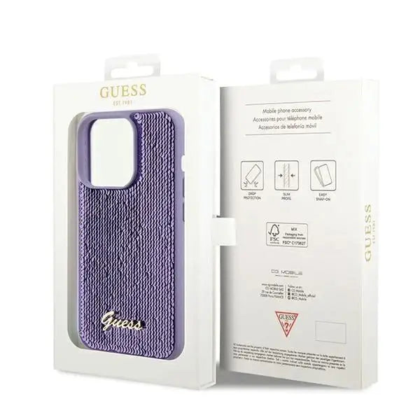 Кейс Guess Sequin Script Metal за iPhone 14 Pro Max лилав