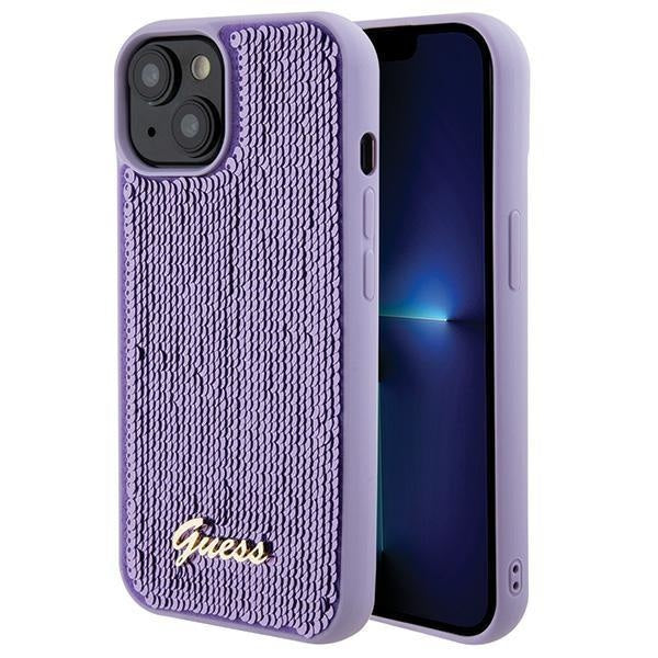 Кейс Guess Sequin Script Metal за iPhone 15 лилав