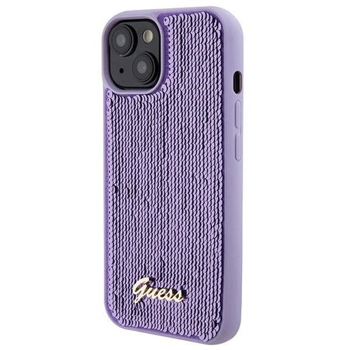 Кейс Guess Sequin Script Metal за iPhone 15 лилав