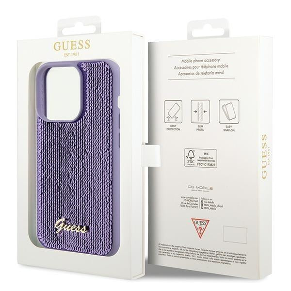 Кейс Guess Sequin Script Metal за iPhone 15 Pro лилав