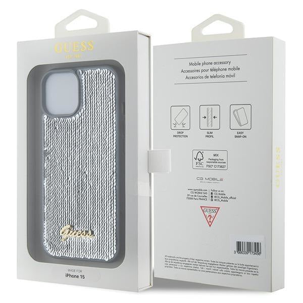 Кейс Guess Sequin Script Metal за iPhone 15 сребрист