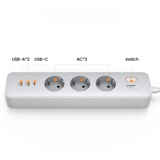 Разклонител Ugreen CD286 3x AC 2x USB-A 1x USB-C 30W бял