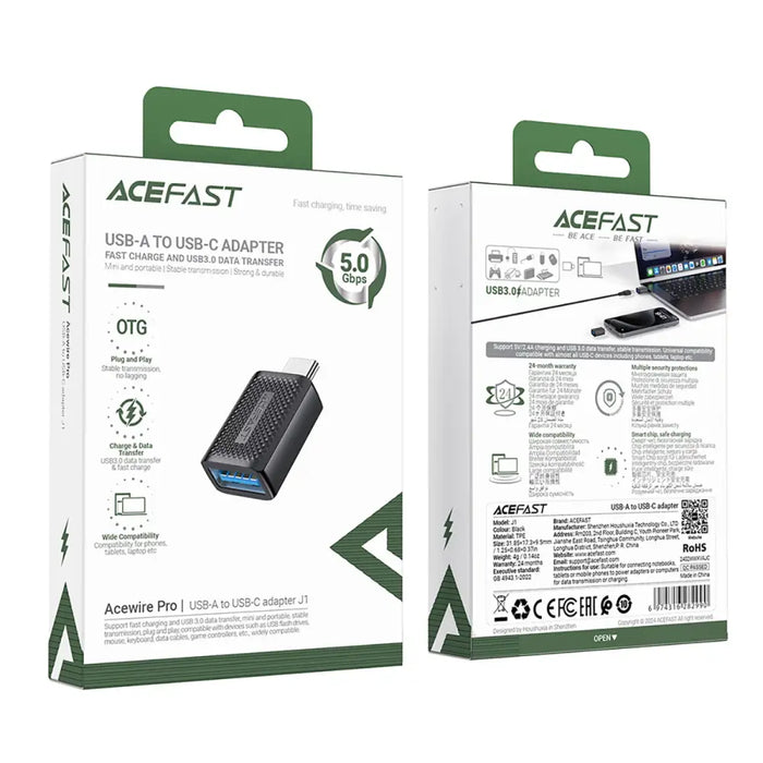 USB адаптер Acefast J1 USB-A 3.0 / USB-C 3.0 5Gb/s черен