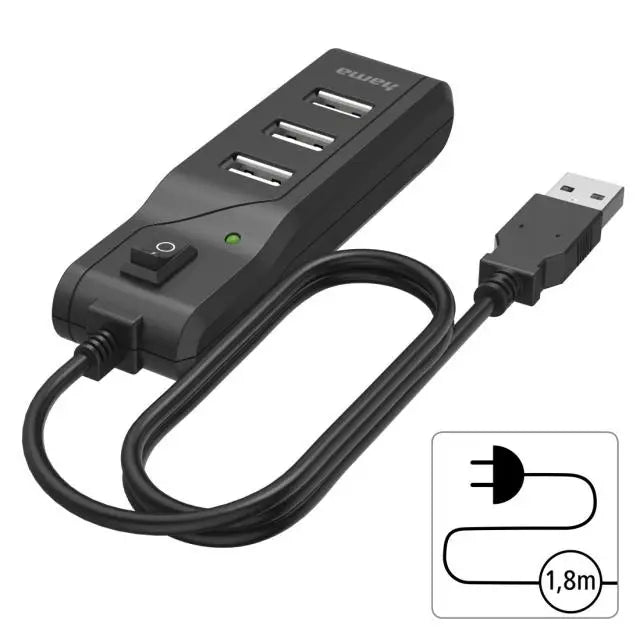 USB хъб HAMA С бутон вкл./изкл. USB 2.0 1:4 480 Mbit/s черен