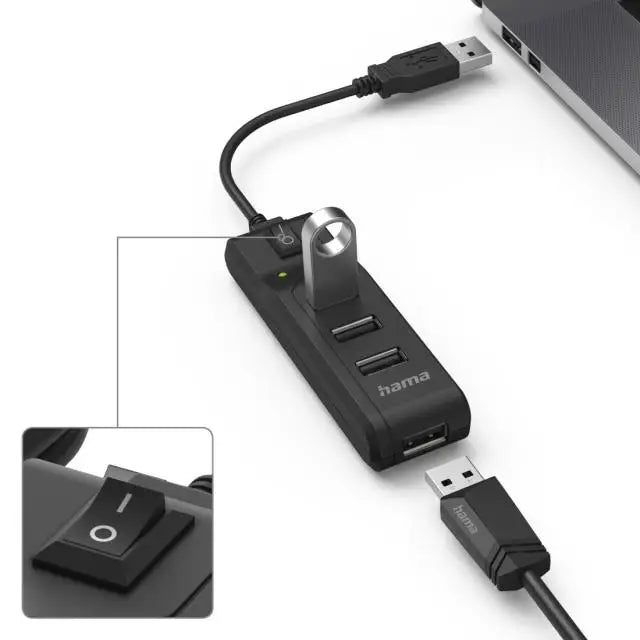 USB хъб HAMA С бутон вкл./изкл. USB 2.0 1:4 480 Mbit/s черен