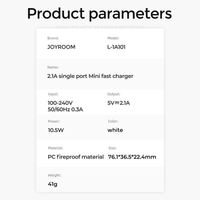 Зарядно Joyroom USB 2.1A бяло (L - 1A101)