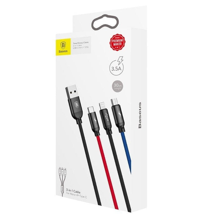 Кабел 3в1 Baseus USB - C / Lightning Micro 3.5A 0.3m черен