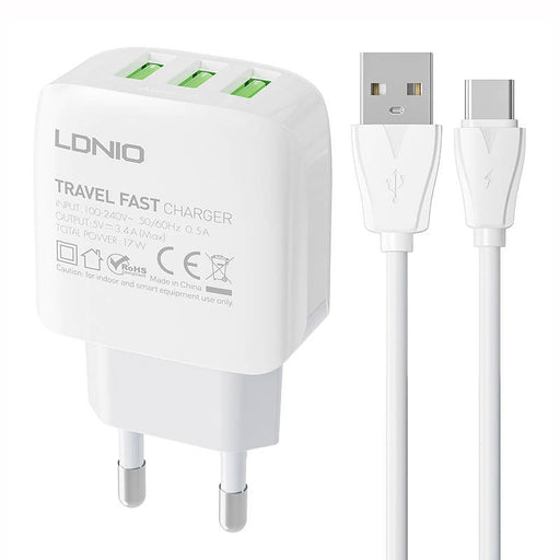 Адаптер LDNIO A3312 3USB с USB - C кабел