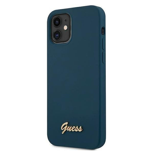 Калъф за телефон Guess Metal Logo Script iPhone 12 Mini син