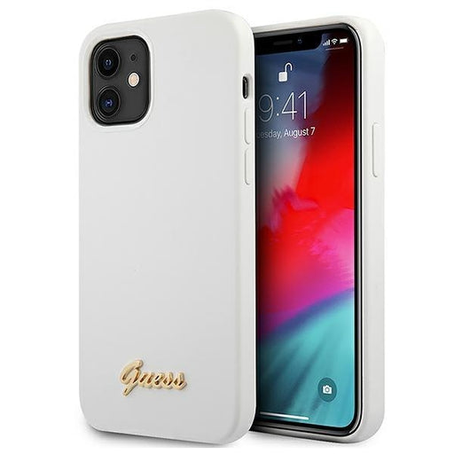 Калъф за телефон Guess Metal Logo Script iPhone 12 Mini бял