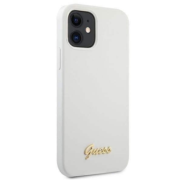 Калъф за телефон Guess Metal Logo Script iPhone 12 Mini бял