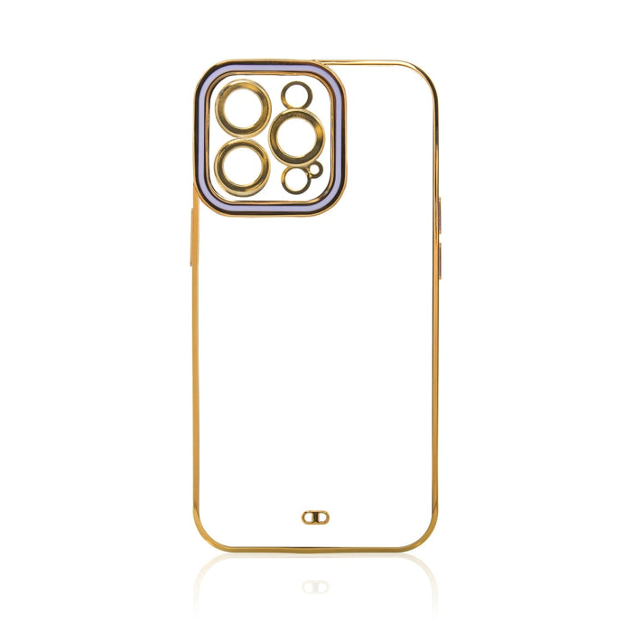 Дизайнерски кейс за iPhone 13 Pro Max Gold с гел рамка лилав