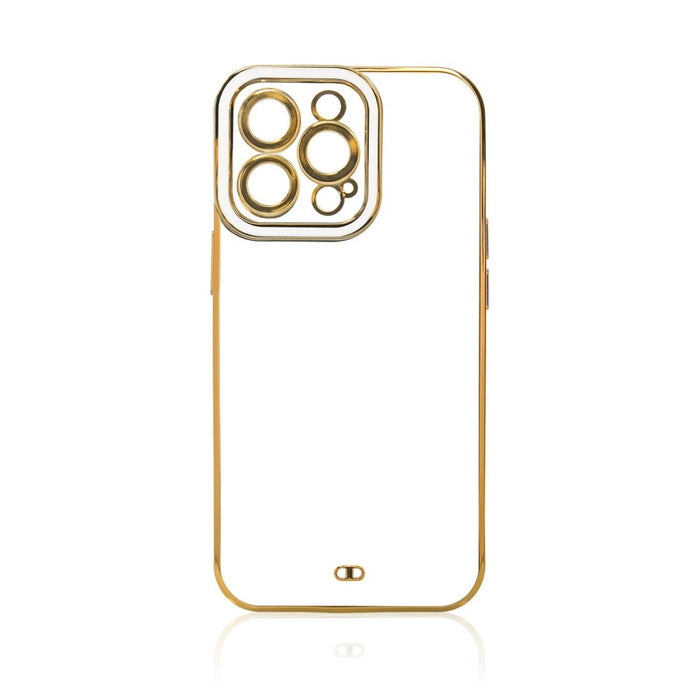 Дизайнерски кейс за iPhone 13 Pro Gold с гел рамка бял