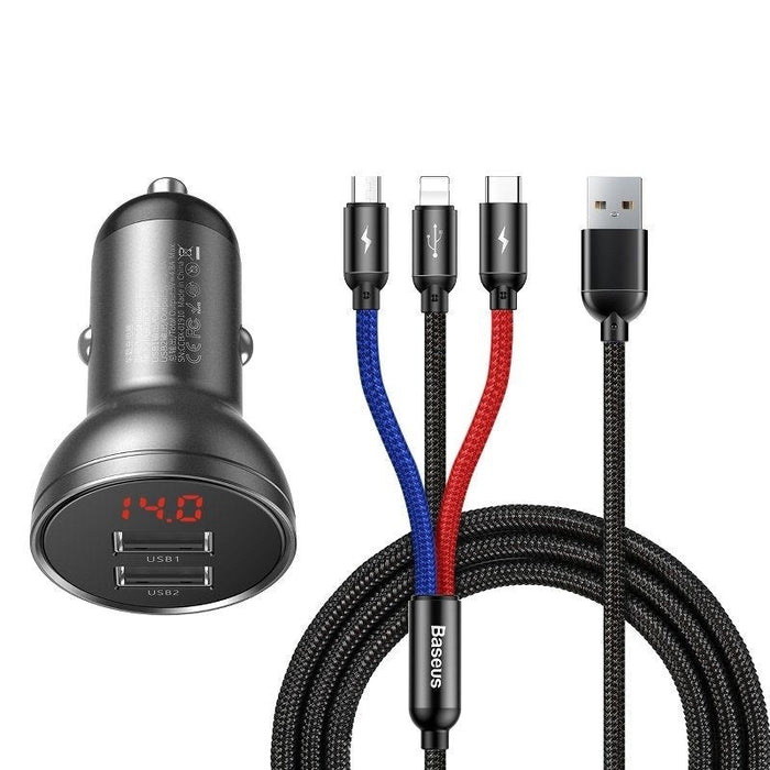 Комплект зарядно за кола Baseus с 24W дисплей + кабел USB 